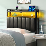 Greenstell Adjustable Storage Headboard - Modern Black Upholstered Bed Frame with LED Lights, Charging Station & Soft Padding