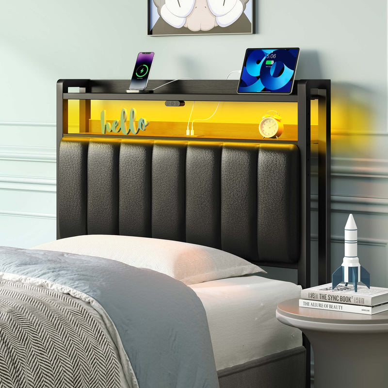 Greenstell Adjustable Storage Headboard - Modern Black Upholstered Bed Frame with LED Lights, Charging Station & Soft Padding