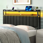 Greenstell Adjustable Storage Headboard - Modern Black Upholstered Bed Frame with LED Lights, Charging Station & Soft Padding