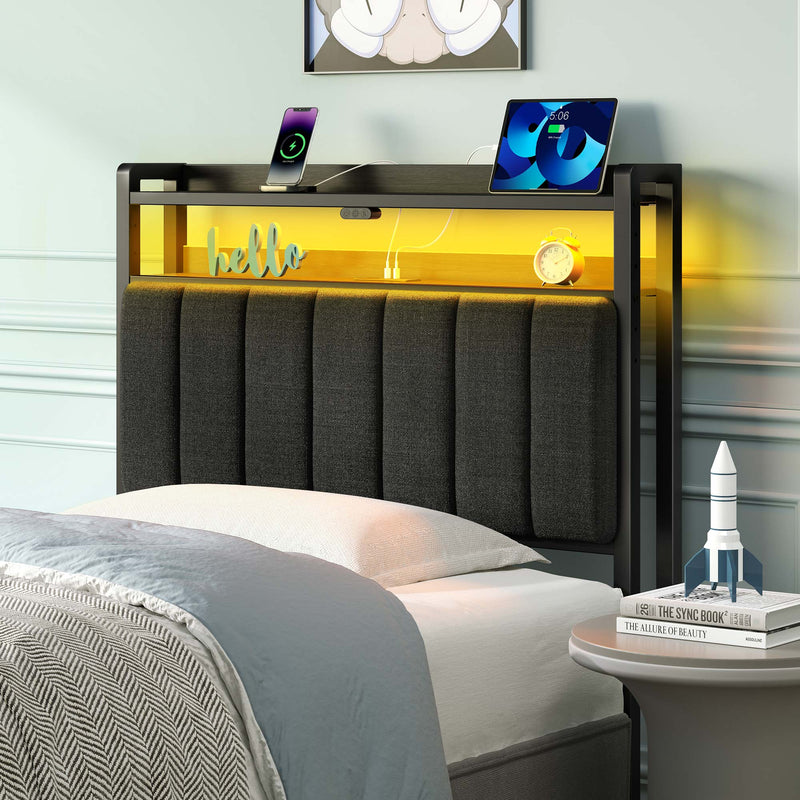 Greenstell Adjustable Storage Headboard - Modern Black Upholstered Bed Frame with LED Lights, Charging Station & Soft Padding