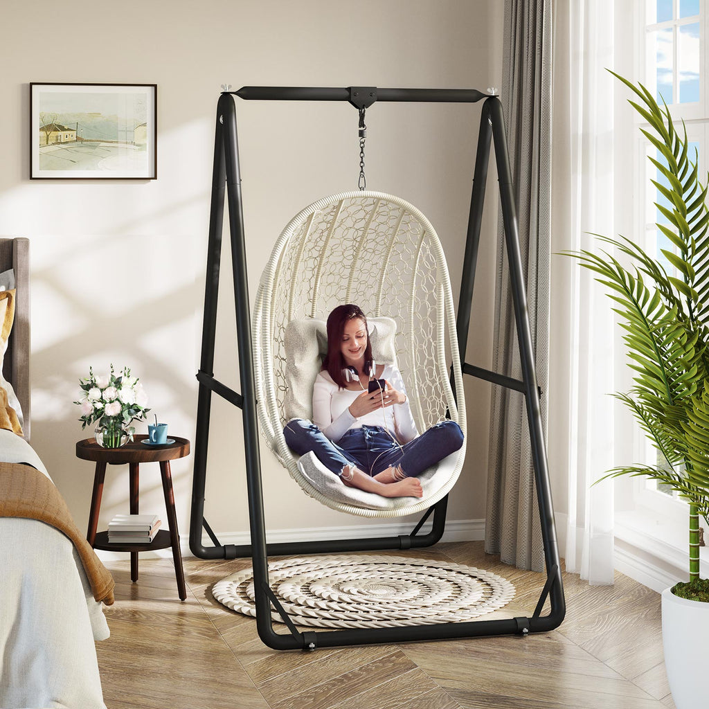 GREENSTELL Hammock Chair Stand, Swing Stand with 3 Hooks Fit for Most Hanging Chairs, Ground Nails for Outdoor and Rubber Clamps for Indoor, Hanging Stand Only Max Load 500lbs, Swing Chair not Include