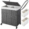 Greenstell Laundry Hamper with Wheels, No Install Needed, 110L/90L Divided Handwoven Hampers & 2 Removable Liner Bags, Synthetic Rattan Clothes Laundry Basket with Lid & Handles, Foldable Hampers