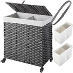 Greenstell Laundry Hamper with Wheels, No Install Needed, 110L/90L Divided Handwoven Hampers & 2 Removable Liner Bags, Synthetic Rattan Clothes Laundry Basket with Lid & Handles, Foldable Hampers