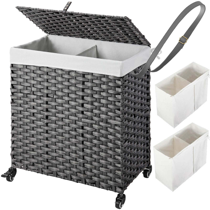 Greenstell Laundry Hamper with Wheels, No Install Needed, 110L/90L Divided Handwoven Hampers & 2 Removable Liner Bags, Synthetic Rattan Clothes Laundry Basket with Lid & Handles, Foldable Hampers