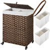 Greenstell Laundry Hamper with Wheels, No Install Needed, 110L/90L Divided Handwoven Hampers & 2 Removable Liner Bags, Synthetic Rattan Clothes Laundry Basket with Lid & Handles, Foldable Hampers