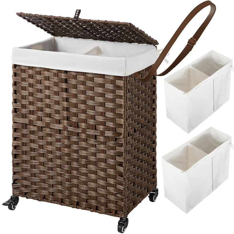 Greenstell Laundry Hamper with Wheels, No Install Needed, 110L/90L Divided Handwoven Hampers & 2 Removable Liner Bags, Synthetic Rattan Clothes Laundry Basket with Lid & Handles, Foldable Hampers