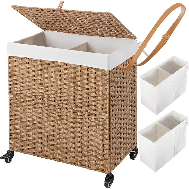 Greenstell Laundry Hamper with Wheels, No Install Needed, 110L/90L Divided Handwoven Hampers & 2 Removable Liner Bags, Synthetic Rattan Clothes Laundry Basket with Lid & Handles, Foldable Hampers