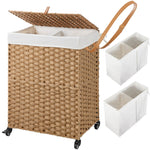 Greenstell Laundry Hamper with Wheels, No Install Needed, 110L/90L Divided Handwoven Hampers & 2 Removable Liner Bags, Synthetic Rattan Clothes Laundry Basket with Lid & Handles, Foldable Hampers