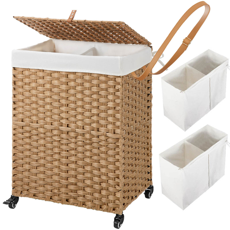 Greenstell Laundry Hamper with Wheels, No Install Needed, 110L/90L Divided Handwoven Hampers & 2 Removable Liner Bags, Synthetic Rattan Clothes Laundry Basket with Lid & Handles, Foldable Hampers