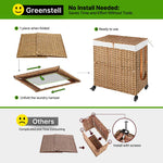 Greenstell Laundry Hamper with Wheels, No Install Needed, 110L/90L Divided Handwoven Hampers & 2 Removable Liner Bags, Synthetic Rattan Clothes Laundry Basket with Lid & Handles, Foldable Hampers