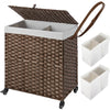 Greenstell Laundry Hamper with Wheels, No Install Needed, 110L/90L Divided Handwoven Hampers & 2 Removable Liner Bags, Synthetic Rattan Clothes Laundry Basket with Lid & Handles, Foldable Hampers