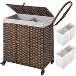 Greenstell Laundry Hamper with Wheels, No Install Needed, 110L/90L Divided Handwoven Hampers & 2 Removable Liner Bags, Synthetic Rattan Clothes Laundry Basket with Lid & Handles, Foldable Hampers