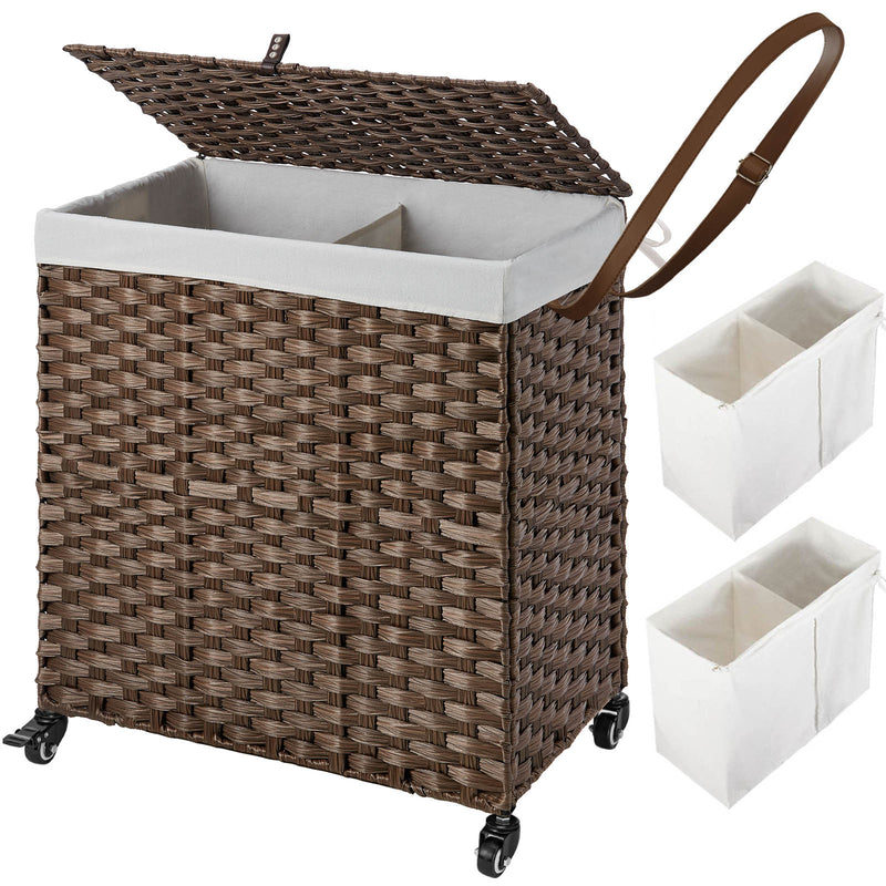 Greenstell Laundry Hamper with Wheels, No Install Needed, 110L/90L Divided Handwoven Hampers & 2 Removable Liner Bags, Synthetic Rattan Clothes Laundry Basket with Lid & Handles, Foldable Hampers