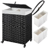 Greenstell Laundry Hamper with Wheels, No Install Needed, 110L/90L Divided Handwoven Hampers & 2 Removable Liner Bags, Synthetic Rattan Clothes Laundry Basket with Lid & Handles, Foldable Hampers