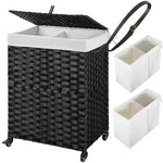 Greenstell Laundry Hamper with Wheels, No Install Needed, 110L/90L Divided Handwoven Hampers & 2 Removable Liner Bags, Synthetic Rattan Clothes Laundry Basket with Lid & Handles, Foldable Hampers