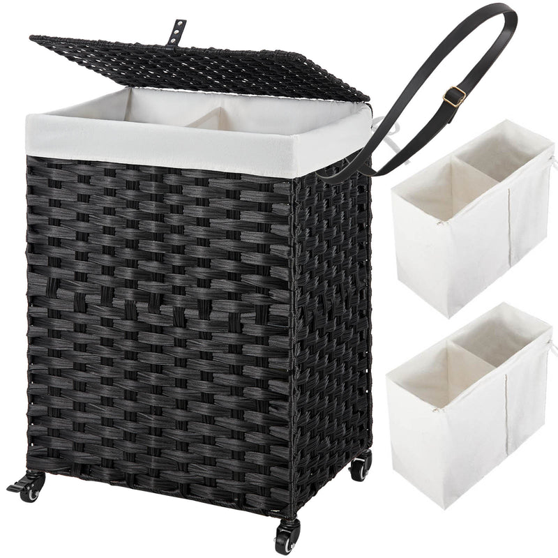 Greenstell Laundry Hamper with Wheels, No Install Needed, 110L/90L Divided Handwoven Hampers & 2 Removable Liner Bags, Synthetic Rattan Clothes Laundry Basket with Lid & Handles, Foldable Hampers