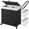 Greenstell Laundry Hamper with Wheels, No Install Needed, 110L/90L Divided Handwoven Hampers & 2 Removable Liner Bags, Synthetic Rattan Clothes Laundry Basket with Lid & Handles, Foldable Hampers