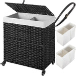 Greenstell Laundry Hamper with Wheels, No Install Needed, 110L/90L Divided Handwoven Hampers & 2 Removable Liner Bags, Synthetic Rattan Clothes Laundry Basket with Lid & Handles, Foldable Hampers
