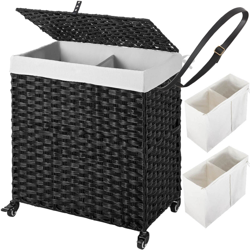 Greenstell Laundry Hamper with Wheels, No Install Needed, 110L/90L Divided Handwoven Hampers & 2 Removable Liner Bags, Synthetic Rattan Clothes Laundry Basket with Lid & Handles, Foldable Hampers