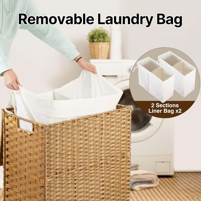 Greenstell Laundry Hamper with Wheels, No Install Needed, 110L/90L Divided Handwoven Hampers & 2 Removable Liner Bags, Synthetic Rattan Clothes Laundry Basket with Lid & Handles, Foldable Hampers