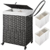 Greenstell Laundry Hamper with Wheels, No Install Needed, 110L/90L Divided Handwoven Hampers & 2 Removable Liner Bags, Synthetic Rattan Clothes Laundry Basket with Lid & Handles, Foldable Hampers