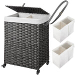 Greenstell Laundry Hamper with Wheels, No Install Needed, 110L/90L Divided Handwoven Hampers & 2 Removable Liner Bags, Synthetic Rattan Clothes Laundry Basket with Lid & Handles, Foldable Hampers