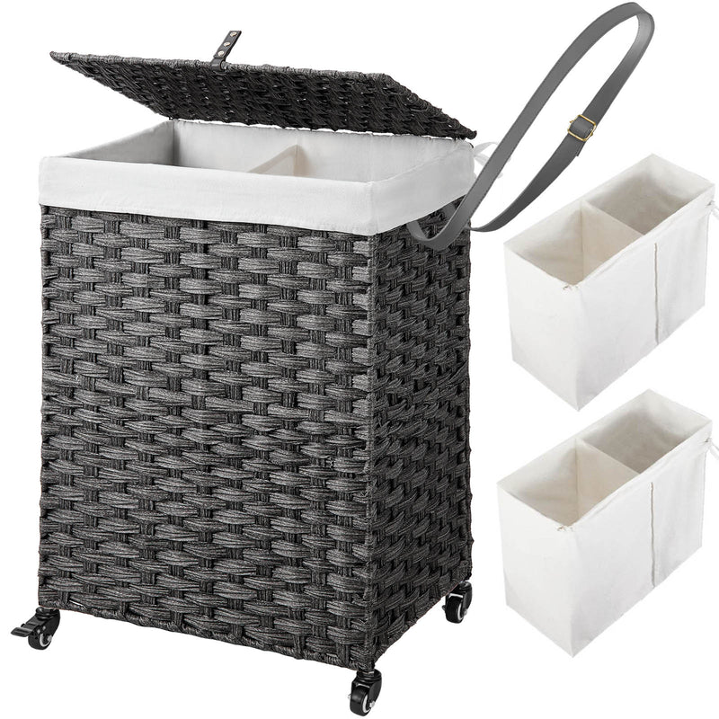 Greenstell Laundry Hamper with Wheels, No Install Needed, 110L/90L Divided Handwoven Hampers & 2 Removable Liner Bags, Synthetic Rattan Clothes Laundry Basket with Lid & Handles, Foldable Hampers