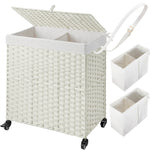Greenstell Laundry Hamper with Wheels, No Install Needed, 110L/90L Divided Handwoven Hampers & 2 Removable Liner Bags, Synthetic Rattan Clothes Laundry Basket with Lid & Handles, Foldable Hampers