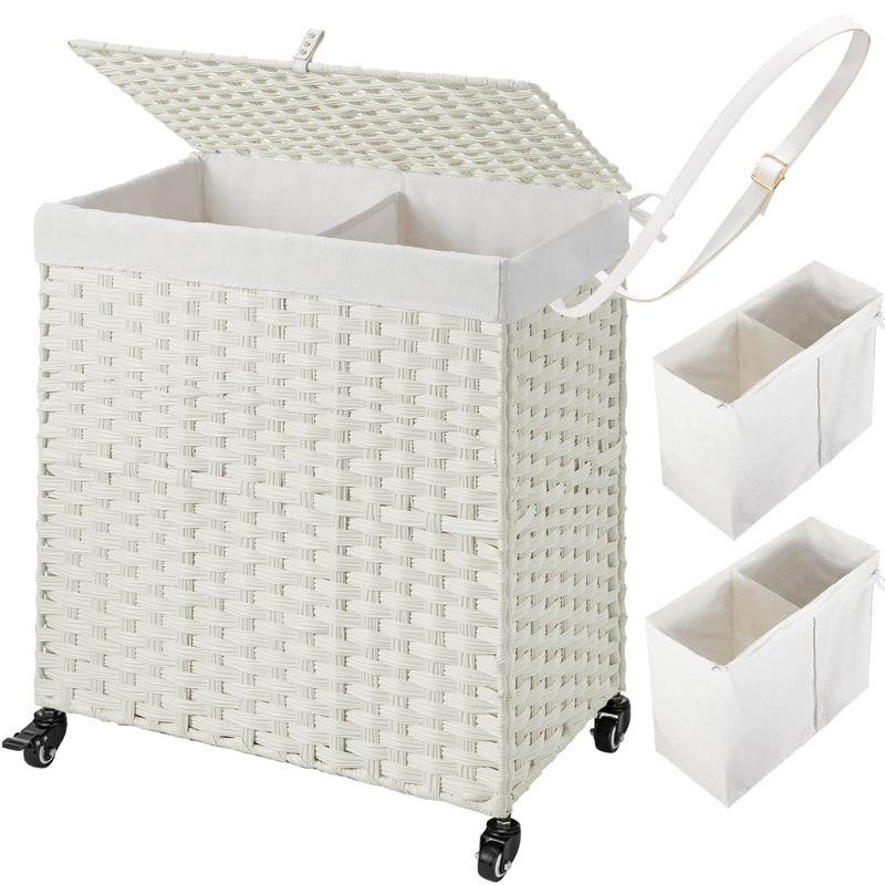 Greenstell Laundry Hamper with Wheels, No Install Needed, 110L/90L Divided Handwoven Hampers & 2 Removable Liner Bags, Synthetic Rattan Clothes Laundry Basket with Lid & Handles, Foldable Hampers