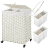 Greenstell Laundry Hamper with Wheels, No Install Needed, 110L/90L Divided Handwoven Hampers & 2 Removable Liner Bags, Synthetic Rattan Clothes Laundry Basket with Lid & Handles, Foldable Hampers