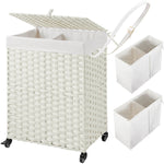 Greenstell Laundry Hamper with Wheels, No Install Needed, 110L/90L Divided Handwoven Hampers & 2 Removable Liner Bags, Synthetic Rattan Clothes Laundry Basket with Lid & Handles, Foldable Hampers