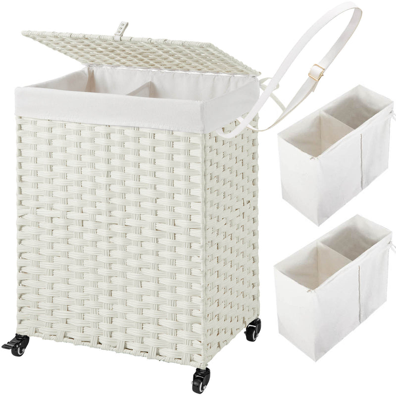 Greenstell Laundry Hamper with Wheels, No Install Needed, 110L/90L Divided Handwoven Hampers & 2 Removable Liner Bags, Synthetic Rattan Clothes Laundry Basket with Lid & Handles, Foldable Hampers