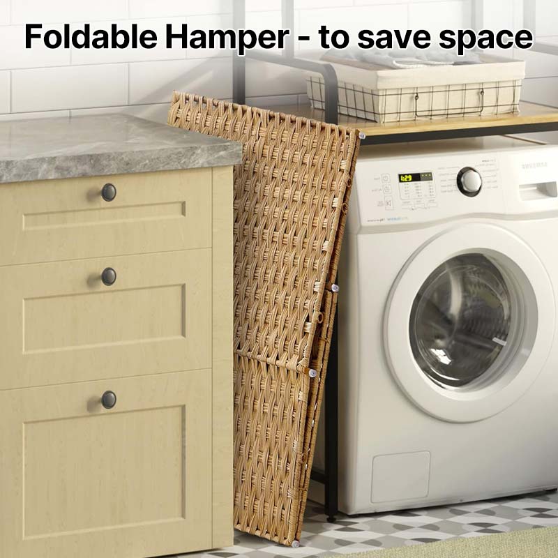 Greenstell Laundry Hamper with Wheels, No Install Needed, 110L/90L Divided Handwoven Hampers & 2 Removable Liner Bags, Synthetic Rattan Clothes Laundry Basket with Lid & Handles, Foldable Hampers