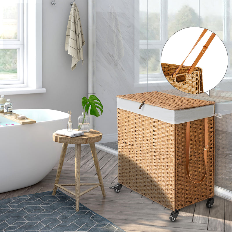 Greenstell Laundry Hamper with Wheels, No Install Needed, 110L/90L Divided Handwoven Hampers & 2 Removable Liner Bags, Synthetic Rattan Clothes Laundry Basket with Lid & Handles, Foldable Hampers