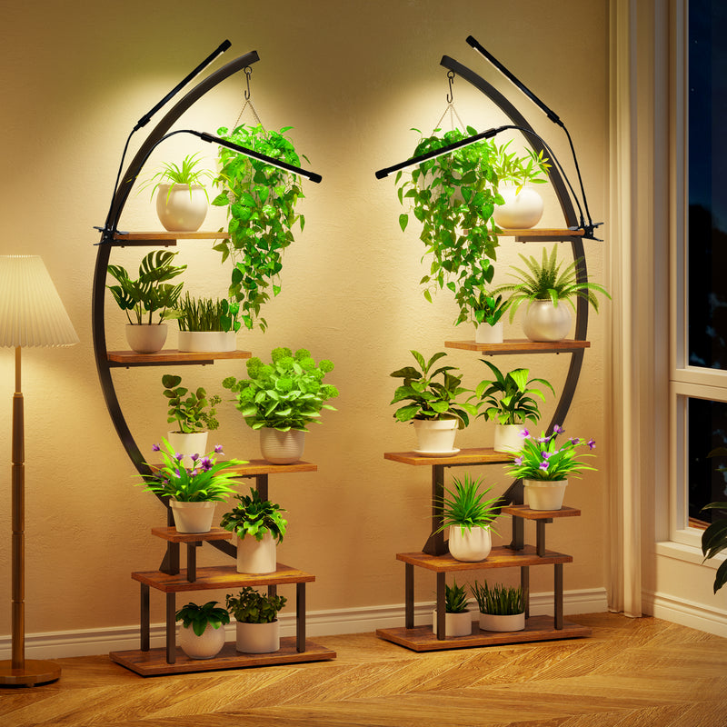GREENSTELL Plant Stand with Grow Lights, Half Moon 7 Tiered Metal Plant Shelf, Multiple Tier Curved Ladder Flower Pot Stand Display Rack for Indoor Living Room Patio Garden Balcony Black (2 Pack)