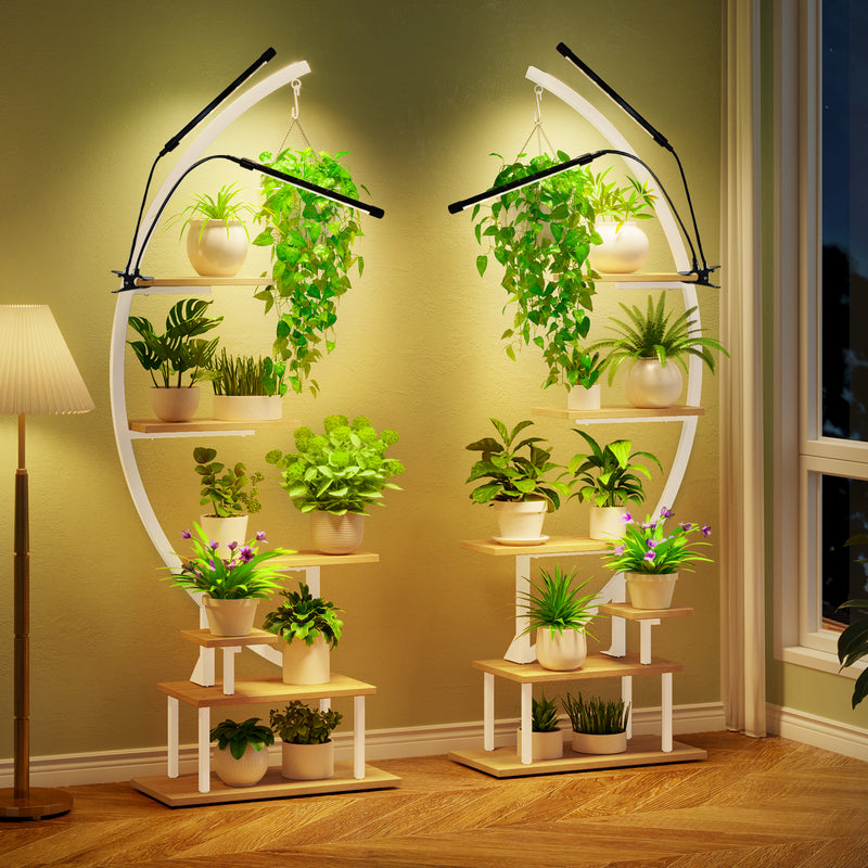 GREENSTELL Plant Stand with Grow Lights, Half Moon 7 Tiered Metal Plant Shelf , Multiple Tier Curved Ladder Flower Pot Stand Display Rack for Indoor Living Room Patio Garden Balcony White (2 Pack)