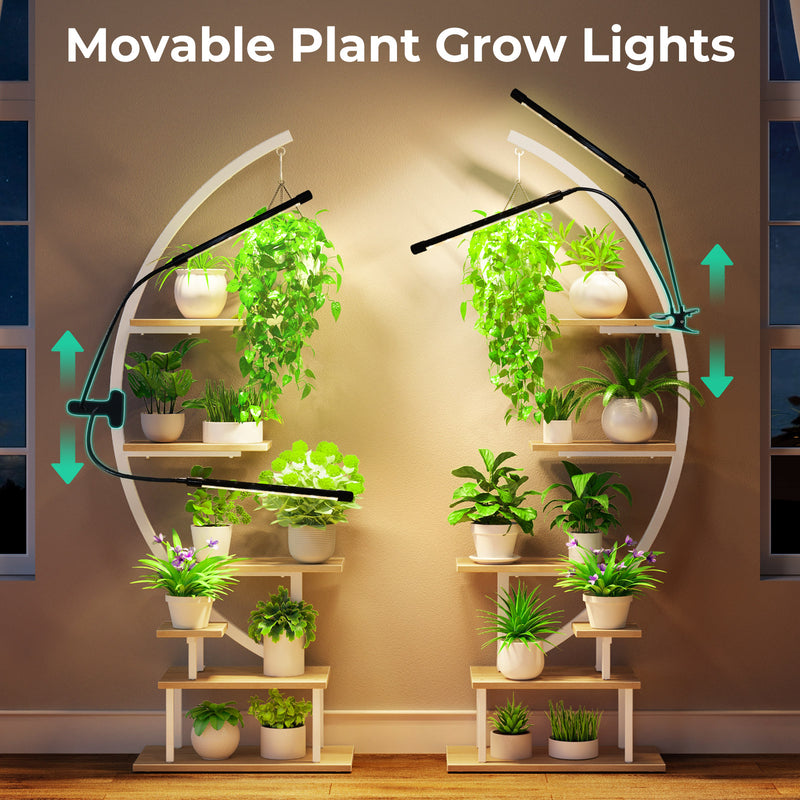 GREENSTELL Plant Stand with Grow Lights, Half Moon 7 Tiered Metal Plant Shelf , Multiple Tier Curved Ladder Flower Pot Stand Display Rack for Indoor Living Room Patio Garden Balcony White (2 Pack)