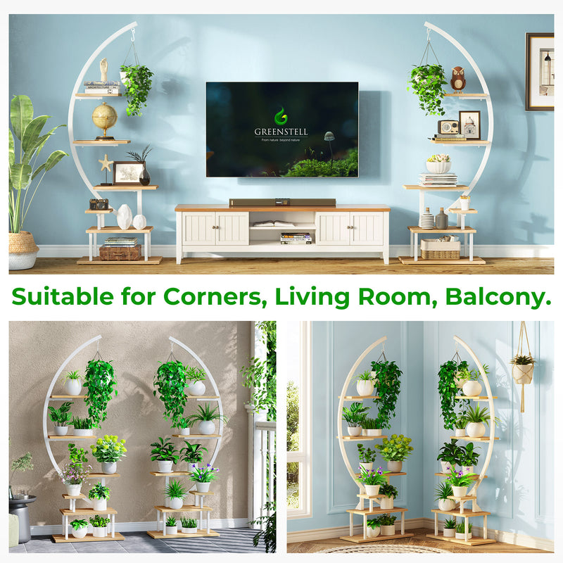 GREENSTELL Plant Stand with Grow Lights, Half Moon 7 Tiered Metal Plant Shelf , Multiple Tier Curved Ladder Flower Pot Stand Display Rack for Indoor Living Room Patio Garden Balcony White (2 Pack)