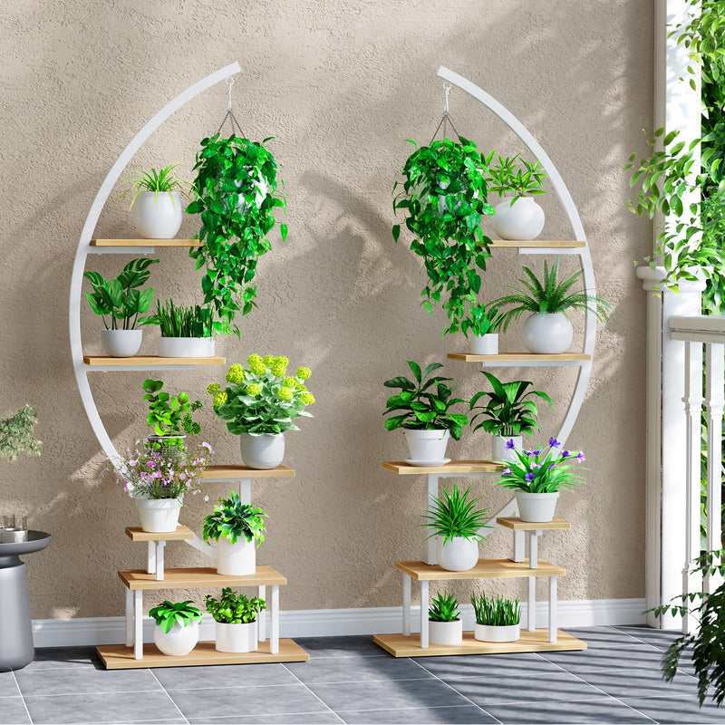 GREENSTELL Plant Stand with Grow Lights, Half Moon 7 Tiered Metal Plant Shelf , Multiple Tier Curved Ladder Flower Pot Stand Display Rack for Indoor Living Room Patio Garden Balcony White (2 Pack)