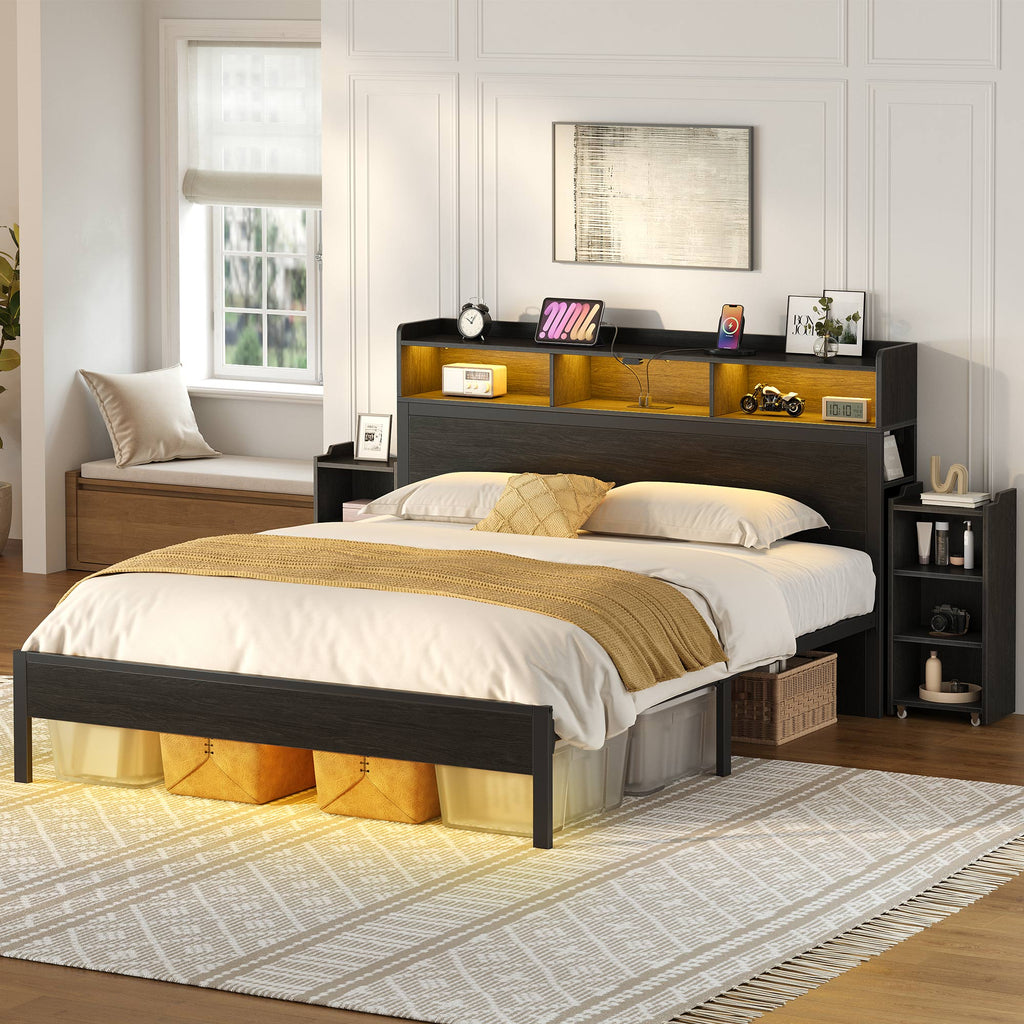 Greenstell Bed Frame with Storage Cabinet and Headboard, Wood Bed with LED Light, Bedframe with Charging Station