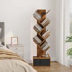 Greenstell 7-Tier Wooden Bookcase with Drawer, Free Standing Tree Bookshelf