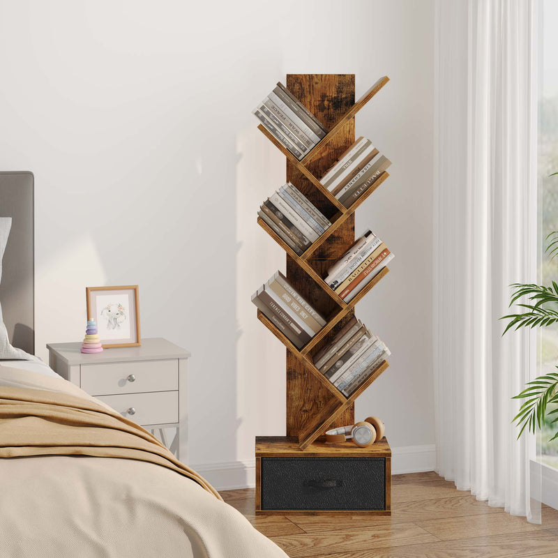Greenstell 7-Tier Wooden Bookcase with Drawer, Free Standing Tree Bookshelf