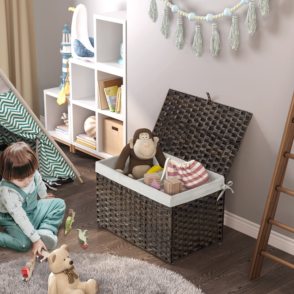 GREENSTELL Storage Basket with Lid, 17.2 Gallon(65L) Small Wicker Blanket Storage Basket with Handles, Foldable, 2 Removable Liner Bags, Metal Frame, for Bedroom, Laundry Room, Brown,22.2"*13.4"*13.4"