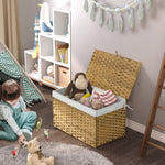GREENSTELL Storage Basket with Lid, Wicker Basket with Lid, Handwoven Blanket Storage Basket with Handles, Removable Cotton Liner, Metal Frame, Foldable for Bedroom, Laundry Room