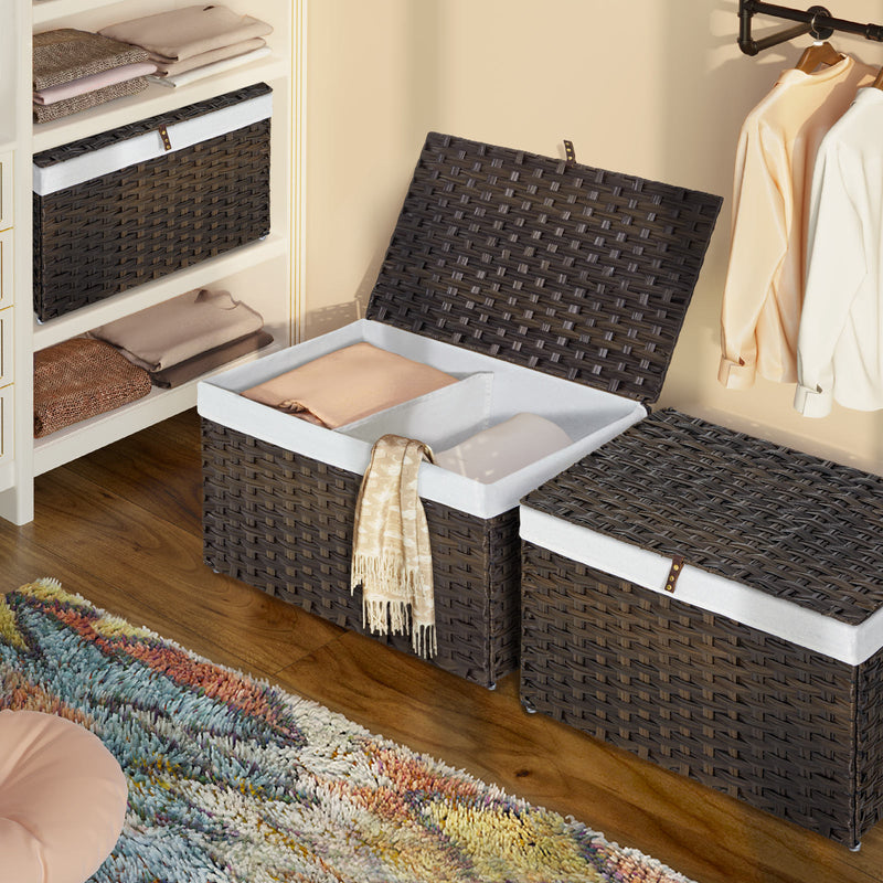 GREENSTELL Storage Basket with Lid, 27.7 Gallon(105L) Lagre Wicker Blanket Storage Basket with Handles, Foldable, 2 Removable Liner Bags, Metal Frame, for Bedroom, Laundry Room, Brown