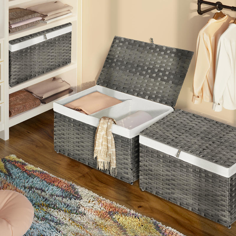 GREENSTELL Storage Basket with Lid, 27.7 Gallon(105L) Lagre Wicker Blanket Storage Basket with Handles, Foldable, 2 Removable Liner Bags, Metal Frame, for Bedroom, Laundry Room, Grey,25.6"*15.7"*15.7"