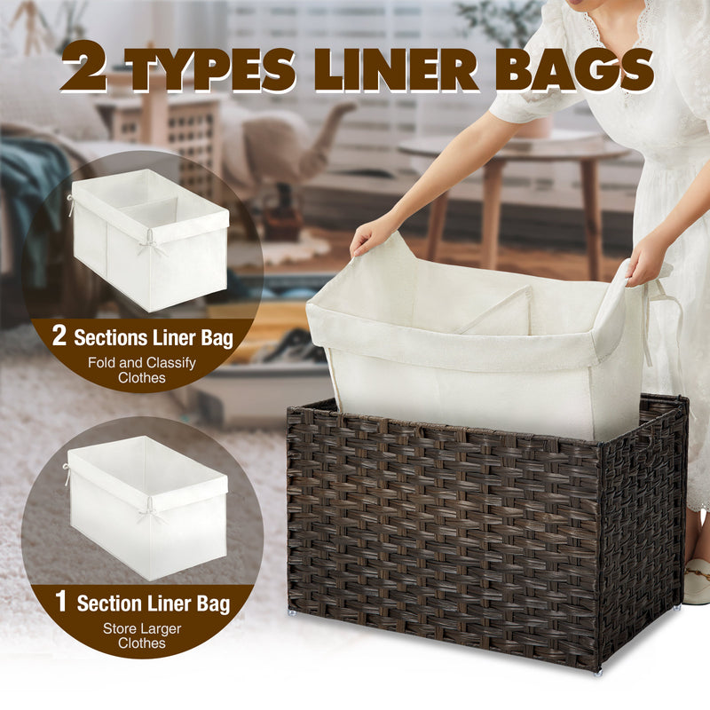 GREENSTELL Storage Basket with Lid, 27.7 Gallon(105L) Lagre Wicker Blanket Storage Basket with Handles, Foldable, 2 Removable Liner Bags, Metal Frame, for Bedroom, Laundry Room, Brown