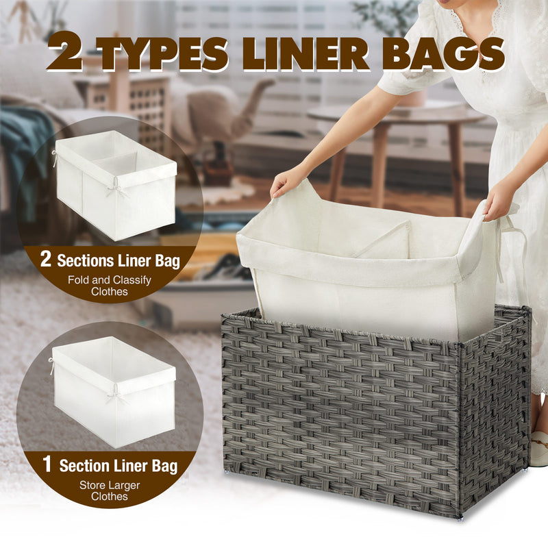 GREENSTELL Storage Basket with Lid, 27.7 Gallon(105L) Lagre Wicker Blanket Storage Basket with Handles, Foldable, 2 Removable Liner Bags, Metal Frame, for Bedroom, Laundry Room, Grey,25.6"*15.7"*15.7"