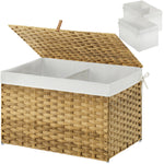 GREENSTELL Storage Basket with Lid, Wicker Basket with Lid, Handwoven Blanket Storage Basket with Handles, Removable Cotton Liner, Metal Frame, Foldable for Bedroom, Laundry Room