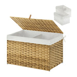 GREENSTELL Storage Basket with Lid, Wicker Basket with Lid, Handwoven Blanket Storage Basket with Handles, Removable Cotton Liner, Metal Frame, Foldable for Bedroom, Laundry Room